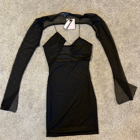 PrettyLittleThings Black Mesh Lace-Up Detailed Flare Sleeve Mini Dress - Picture 2 of 4